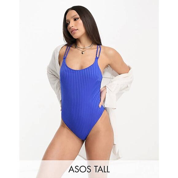 Asos Design Strappy Rib One-Piece Swimsuit Scoop Neck Blue Size US 10 - Picture 1 of 6